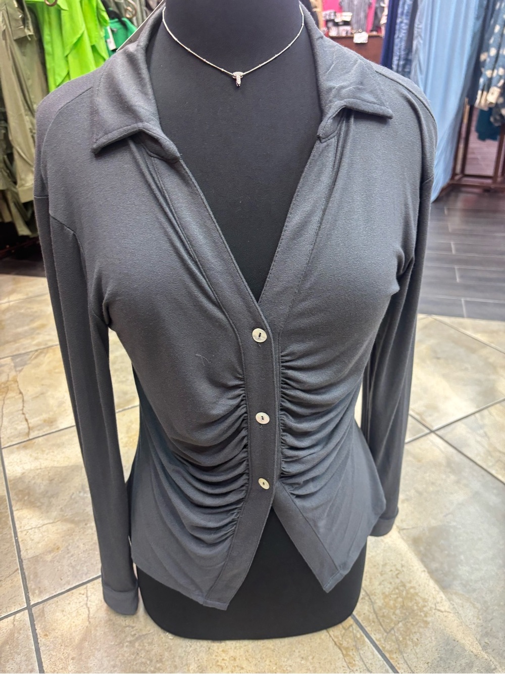 Women's Gray Ruched Button-Front Top
